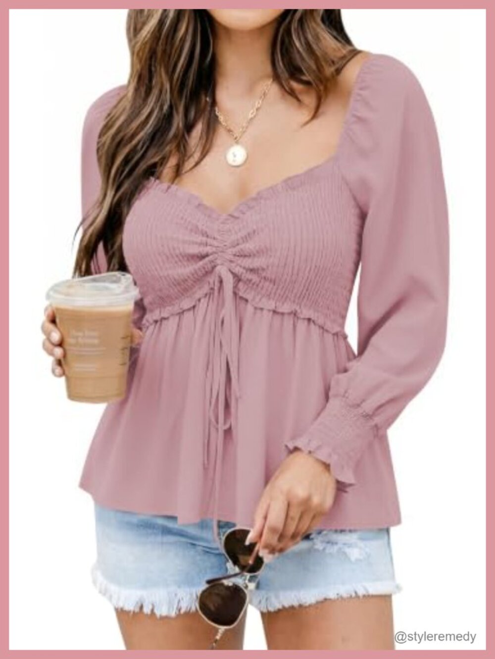 Womens Long Sleeve Peplum Blouse Smocked Bust Puff Sleeve Drawstring Top